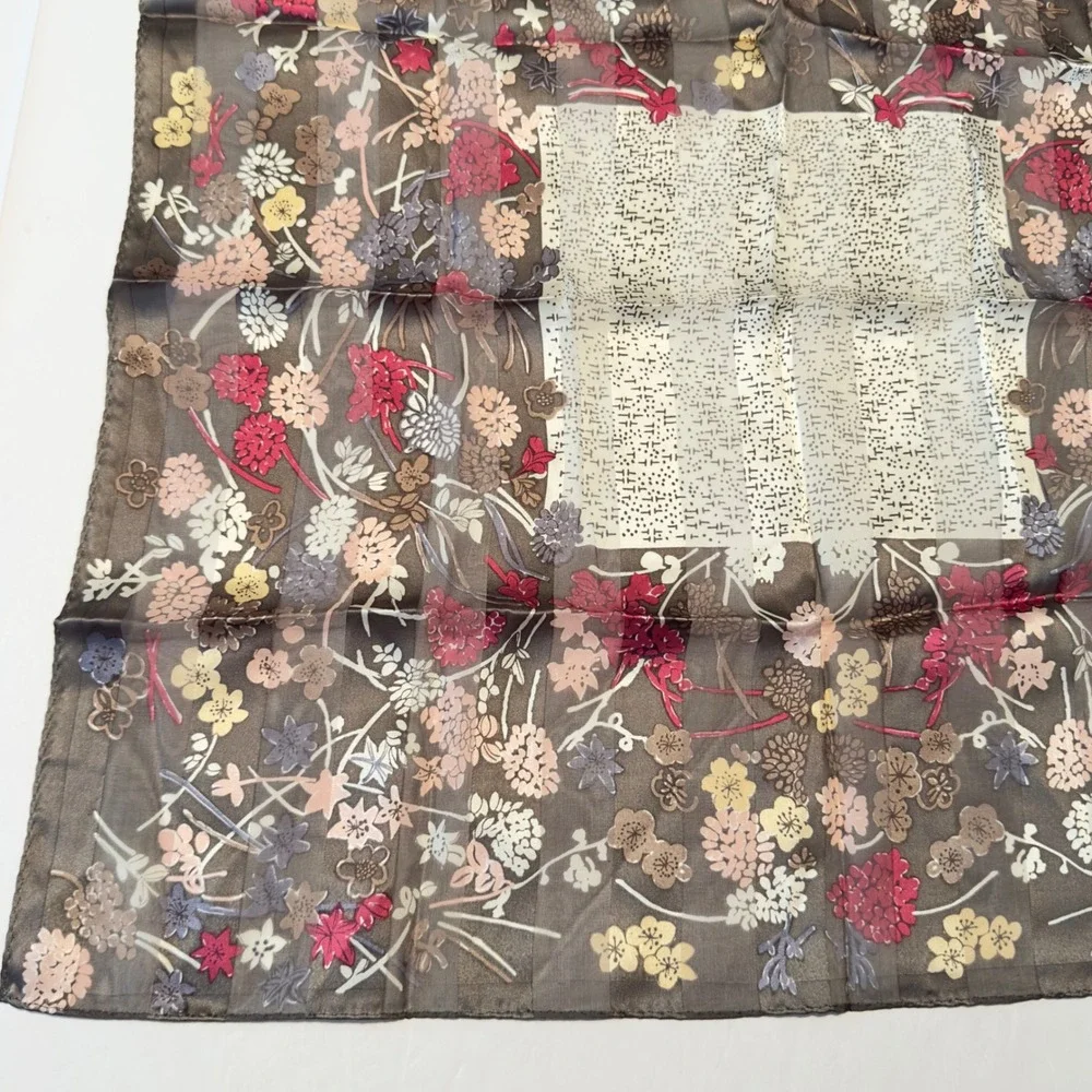Floral Silk Square‎ Scarf Brown Red Sheer Printed in Korea Vintage 90s Y2K